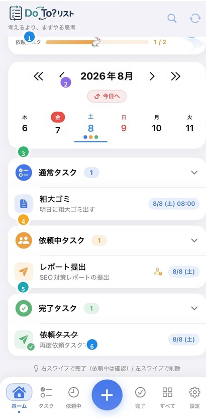 ホーム画面のスクリーンショット。上部に進捗バーとカレンダー、その下に通常タスク・依頼中タスク・完了タスクの一覧と下部ナビが並んでいる。